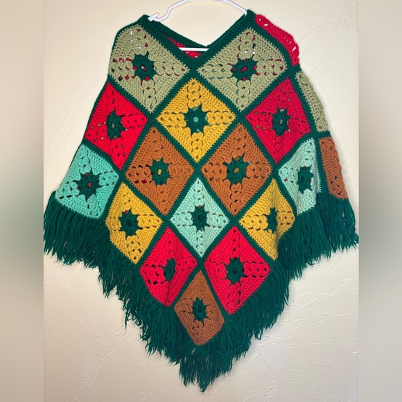 Sweaters - Handmade Crochet Granny Square Shawl with Fringe